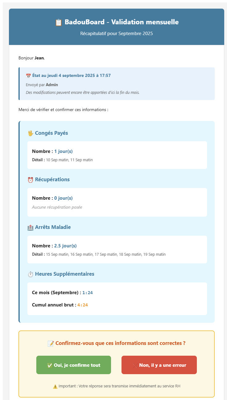 Email de validation reçu par le salarié